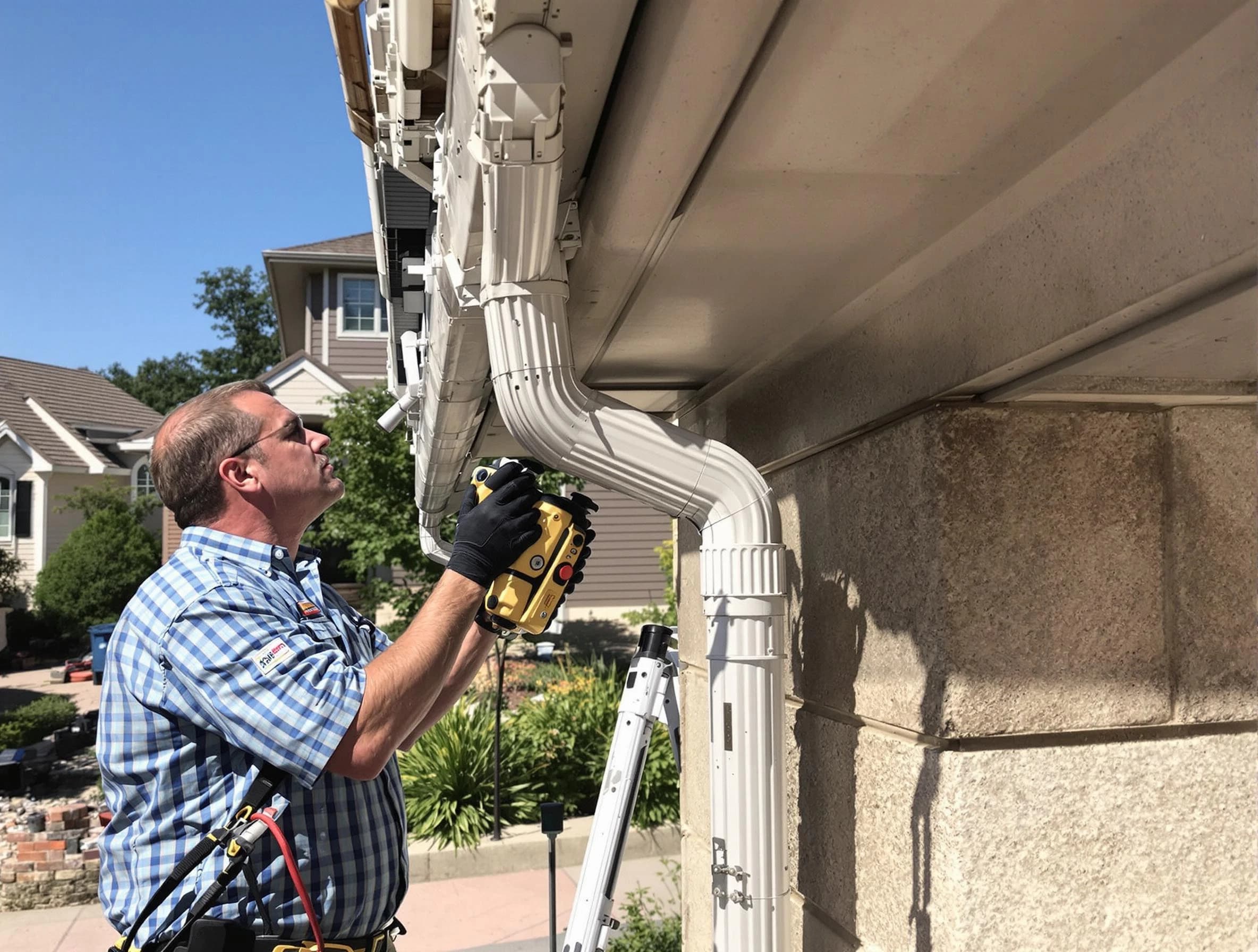 Close-up of a restored downspout system by Lyndhurst Roofing Company in Lyndhurst, OH