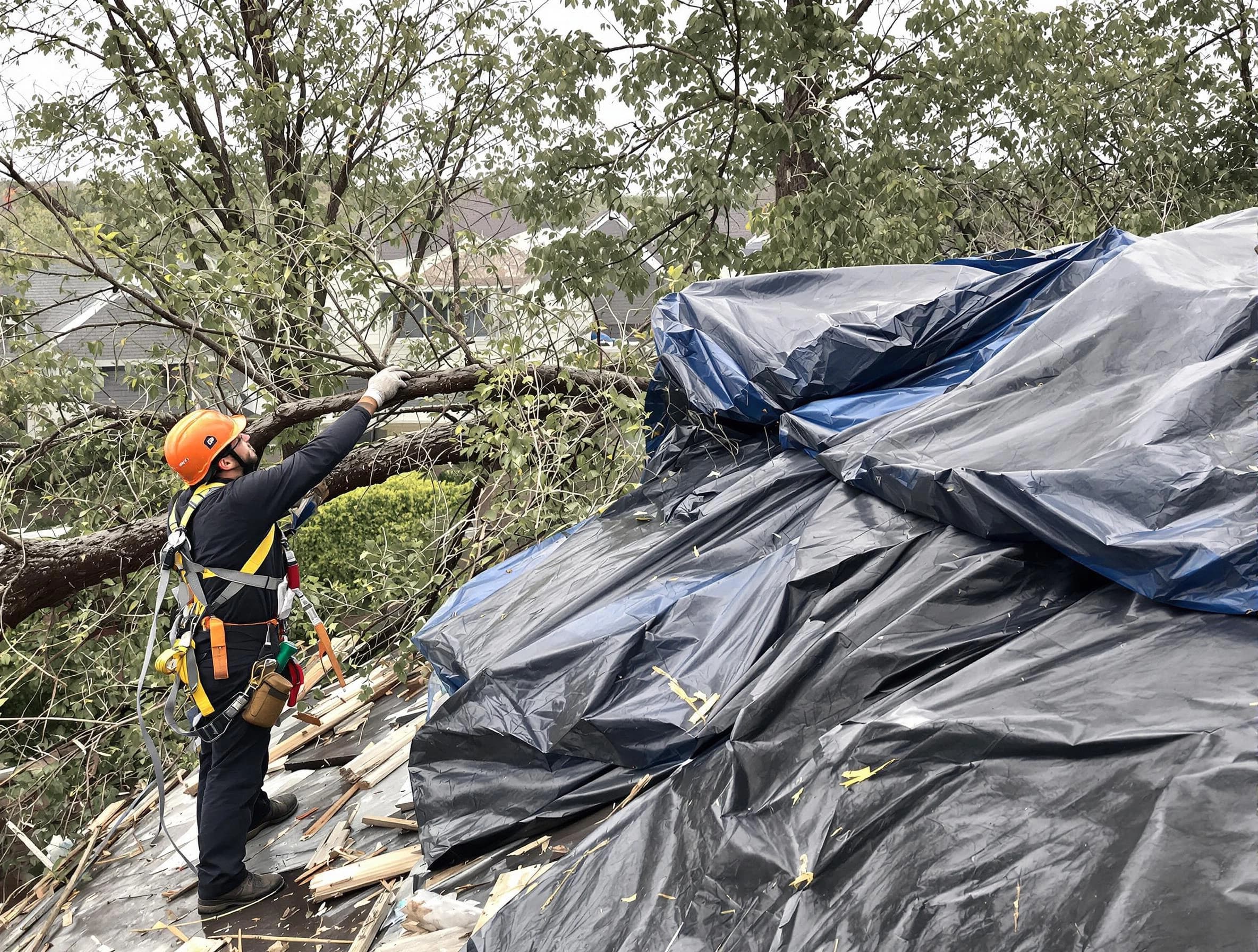 A tarped roof after storm damage repaired by Lyndhurst Roofing Company in Lyndhurst, OH