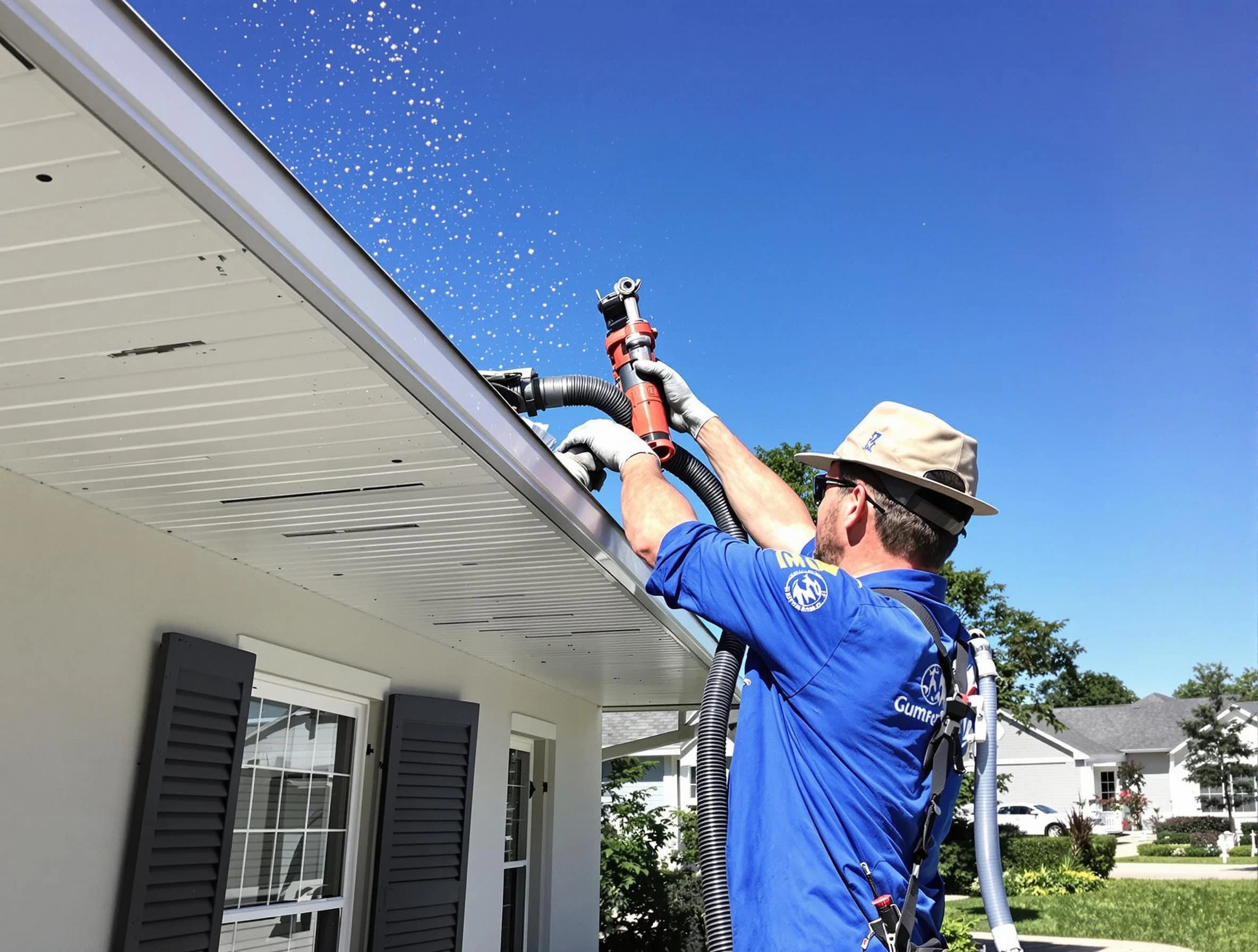 Technician completing a gutter cleaning project by Lyndhurst Roofing Company in Lyndhurst, OH